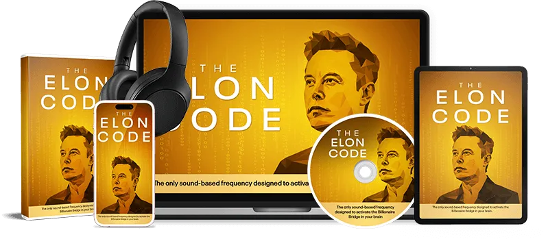 The Elon Code digital audio program bundle shown on a laptop, tablet, phone, audio disc and ebook cover with black headphones